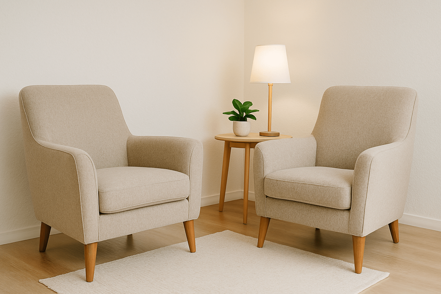 Consultório de psicologia com ambiente iluminado e aconchegante Sala de psicoterapia clara e acolhedora com duas poltronas bege, mesa de apoio com planta e abajur, em tons terrosos suaves.